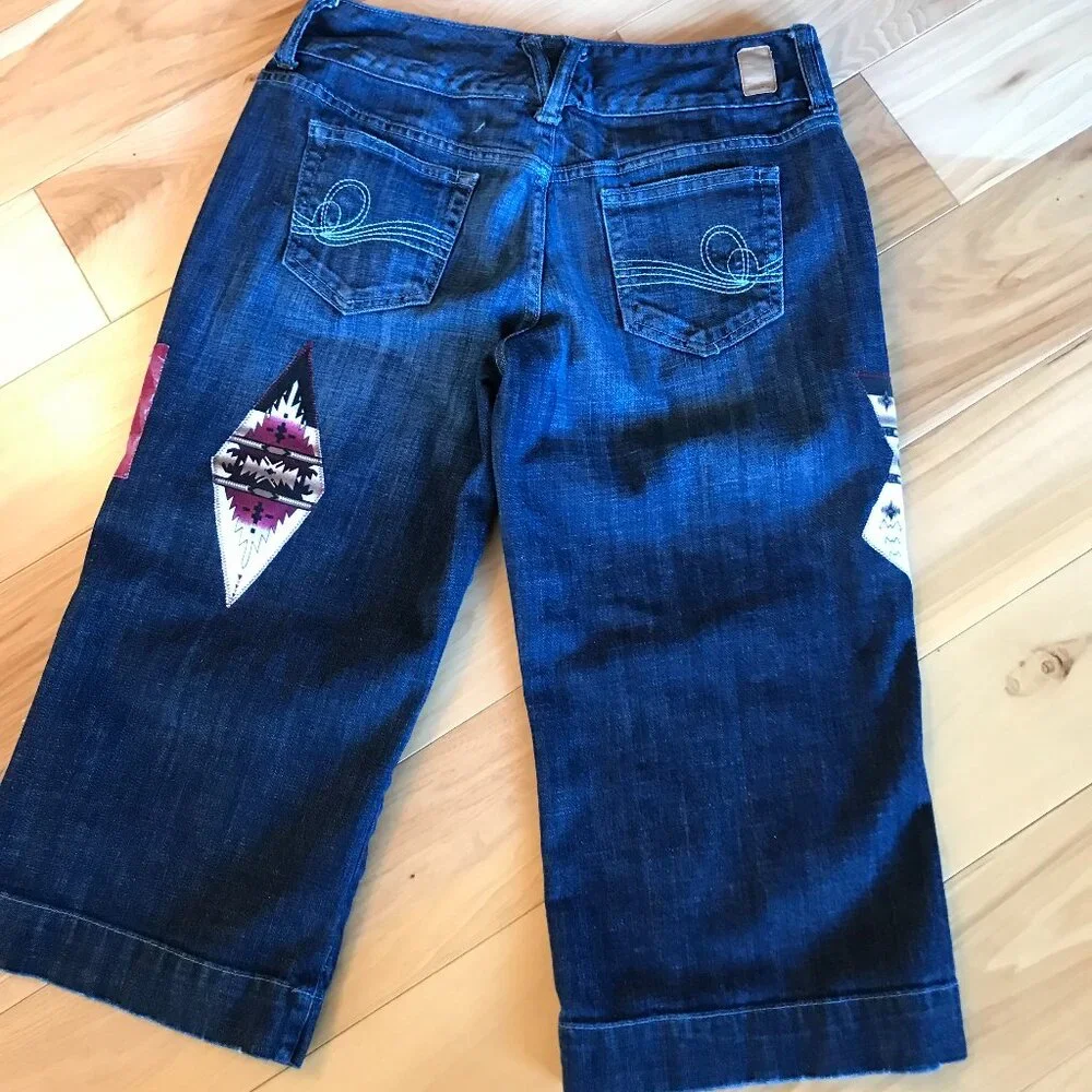 Upcycled Southwest Aztec Patchwork Denim Capris Western Gauchos Size 7-8